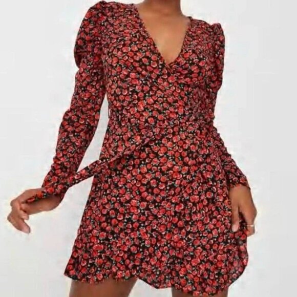 Missguided Dresses & Skirts - Missguided Long Puff Sleeve Rose Print Faux Wrap Dress Size 14